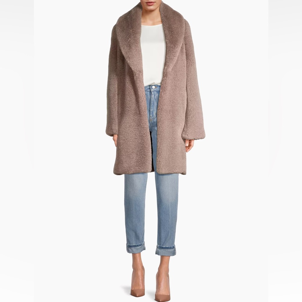 Donna Karan New York Faux-Fur Mid-Length Coat in Light Brown size LARGE